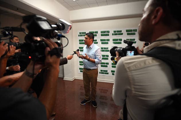 October 4, 2026, Bakersfield, California, USA: Bakersfield, California, U.S. - Central Valley US Congressional Candidate Randy Villegas fielded questions from the media before the rally. Bernie Sanders hosted a Fighting Oligarchy rally in Bakersfield Calif. Sunday afternoon. Bakersfield USA - ZUMAw332 20261004_aap_w332_006 Copyright: xNealxWatersx