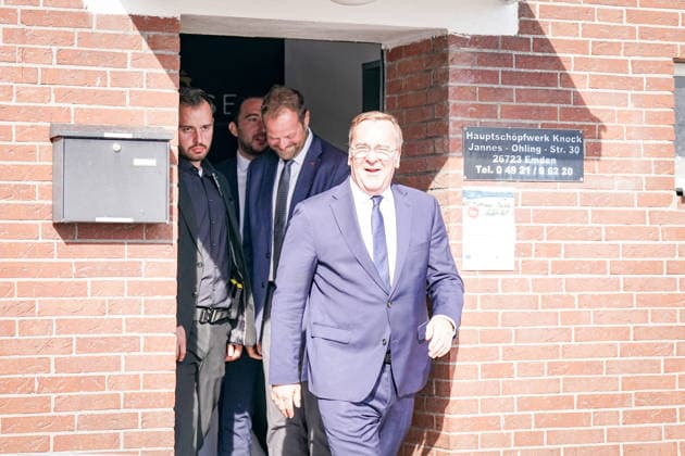 Germany, Emden: Federal Minister of Defense Boris Pistorius in front of the Knock Main Pumping Station during a press event regarding the decision to establish a second German Navy base in Emden. Portrait, Boris Pistorius, Federal Minister of Defense, Knock Main Pumping Station, Knock, Port Copyright: xJOERANxSTEINSIEKx