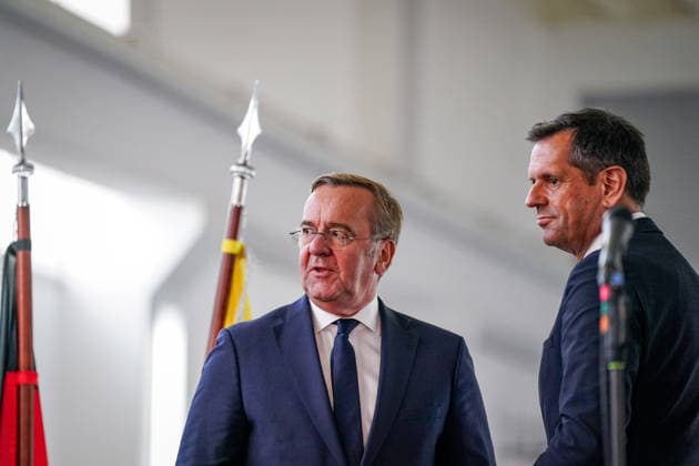 Germany, Emden: Federal Minister of Defense Boris Pistorius (left) and Lower Saxony’s Minister-President Olaf Lies (right) at the press conference announcing the decision to establish a second German Navy base in Emden. Double portrait: Boris Pistorius, Olaf Lies, Federal Minister Copyright: xJOERANxSTEINSIEKx