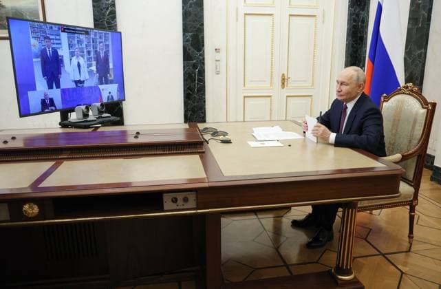 Russia Putin Educational Complex 9257870 05.10.2026 Russian President Vladimir Putin attends via video link a meeting marking the opening of the Point of the Future educational complex in the settlement of Zhatay, Republic of Sakha (Yakutia), at the Kremlin in Moscow, Russia. Vyacheslav Prokofiev Sputnik Moscow Russia Copyright: xVyacheslavxProkofievx