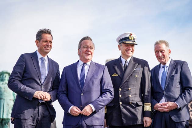 Germany, Emden: Lower Saxony’s Minister-President Olaf Lies, Federal Minister of Defense Boris Pistorius, Vice Admiral Wilhelm Tobias Abry, Inspector General of the Navy, and Emden’s First Deputy Mayor Horst Jahnke (from left) at the press conference announcing the decision to locate the new naval base in Emden. G Copyright: xJOERANxSTEINSIEKx