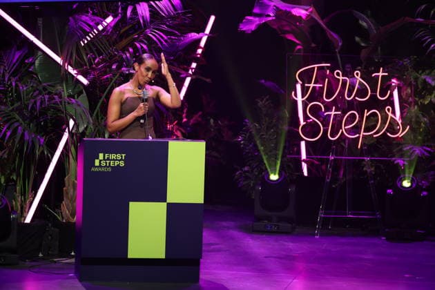 FIRST STEPS 2026 Götz George Young Talent Award: Laudation by Hadnet Tesfai; Award Ceremony on Stage at the FIRST STEPS 2026 Awards Ceremony at the Theater des Westens in Berlin Copyright: xEventpressxFuhrx