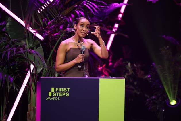 FIRST STEPS 2026 Götz George Young Talent Award: Laudation by Hadnet Tesfai; Award Ceremony on Stage at the FIRST STEPS 2026 Awards Ceremony at the Theater des Westens in Berlin Copyright: xEventpressxFuhrx
