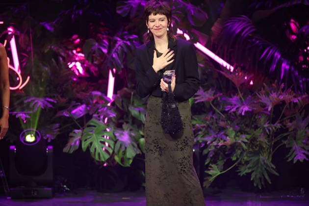 FIRST STEPS 2026 Götz George Young Talent Award: Laudation by Hadnet Tesfai and Götz George Young Talent Award winner Georgia Rushton in EGGSHELLS on stage at the FIRST STEPS 2026 awards ceremony at the Theater des Westens in Berlin Copyright: xEventpressxFuhrx