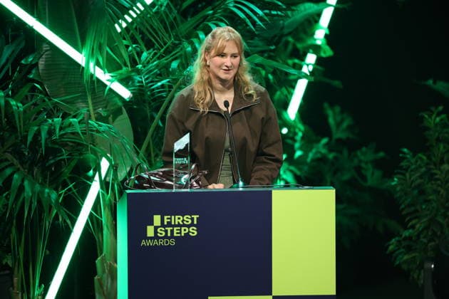 FIRST STEPS 2026 Screenplay Winner: *BLAUE STUNDE* by Celina Rehr; Award presentation on stage at the FIRST STEPS 2026 ceremony at the Theater des Westens in Berlin Copyright: xEventpressxFuhrx