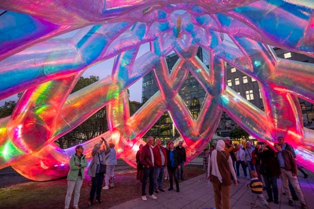 Essen Light Festival, downtown; Meliora, a light installation by the Australian artist duo Atelier Sisu, on Burgplatz; walk-through light sculpture; North Rhine-Westphalia, Germany; Essen Light Festival