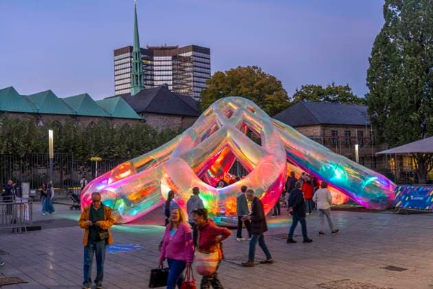Essen Light Festival, downtown, Meliora light installation by the Australian artist duo Atelier Sisu, on Burgplatz, Essen City Hall and Cathedral, walk-through light sculpture, North Rhine-Westphalia, Germany, Essen Light Festival