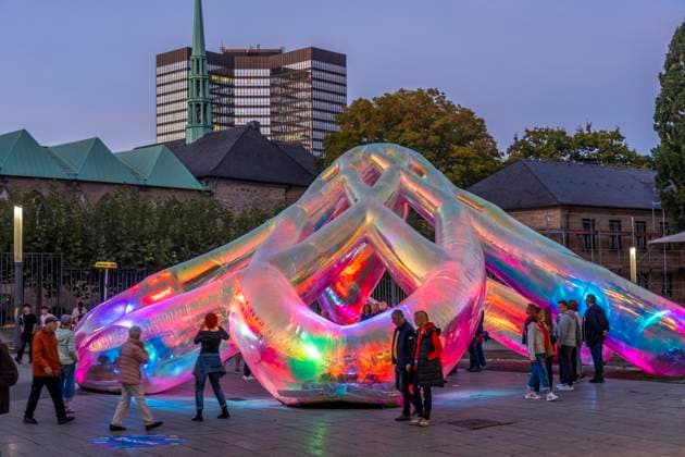 Essen Light Festival, downtown, Meliora light installation by the Australian artist duo Atelier Sisu, on Burgplatz, Essen City Hall and Cathedral, walk-through light sculpture, North Rhine-Westphalia, Germany, Essen Light Festival