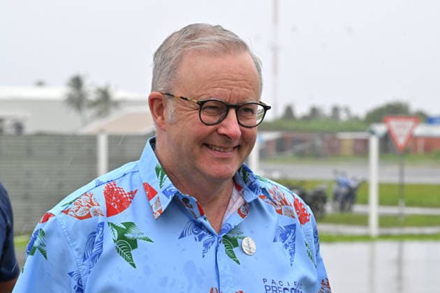 ANTHONY ALBANESE PRECOP MEETING, Australia™s Prime Minister Anthony Albanese arrives for a traditional welcome ceremony during the Pre-Cop31 meeting in Tuvalu, Tuesday, October 6, 2026. ( NO ARCHIVING Funafuti Tuvalu Copyright: xMICKxTSIKASx 20261006148462635160