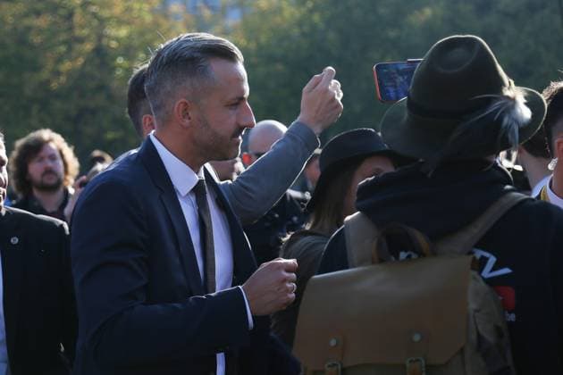Magdeburg, Saxony-Anhalt, Germany, October 6, 2026: Inaugural session of the state parliament. AfD politician Ulrich Siegmund approaches demonstrators on Domplatz and gives interviews. Copyright: xdtsxNachrichtenagenturx dts_137216