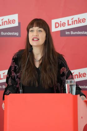 Press Statement by the Left Party Parliamentary Caucus Ahead of the Bundestag Session: A Portrait of Heidi Reichinnek of the Left Party During a Press Statement Ahead of the Parliamentary Caucus Meeting at the German Bundestag, Berlin, October 6, 2026 Berlin, Berlin, Germany