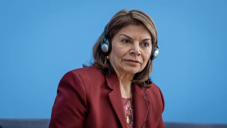Laura Chinchilla Miranda, President of Costa Rica and Co-Chair of the ENSK Federal Press Conference in Berlin: Presentation on the North-South Commission on Development Policy (ENSK), Berlin, Germany, Federal Press Conference Building