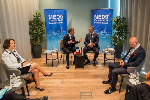 EU MED9 Bilateral meet Plenkovic - Macron Croatian Prime Minister Andrej Plenkovic meets French President Emmanuel Macron during bilateral meetings on the sidelines of the EU MED9 summit in Split, Croatia on October 7, 2027.  ZvonimirxBarisin PIXSELL