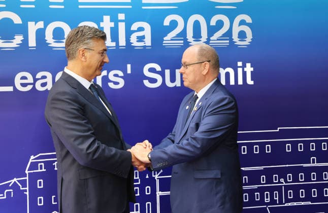 EU MED9 Prime Minister of Croatia Andrej Plenkovic welcomes Prince Albert II of Monaco for EU MED9 summit at Split, Croatia on October 7, 2026.  IvoxCagalj PIXSELL