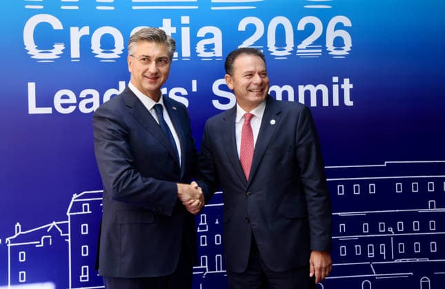 EU MED9 Prime Minister of Croatia Andrej Plenkovic welcomes Prime Minister of Potugal Luis Montenegro for EU MED9 summit at Split, Croatia on October 7, 2026. IvoxCagalj PIXSELL