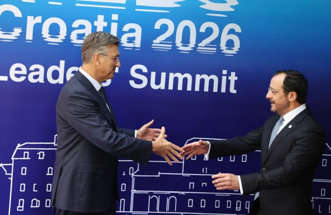 EU MED9 Prime Minister of Croatia Andrej Plenkovic welcomes President of Republic of Cyprus Nikos Christodoulides for EU MED9 summit at Split, Croatia on October 7, 2026. IvoxCagalj PIXSELL