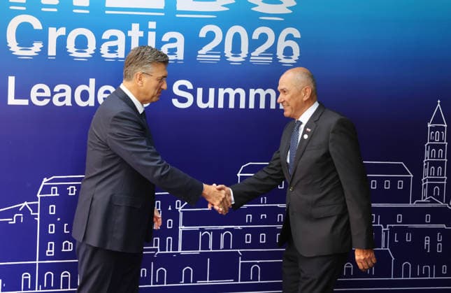 EU MED9 Prime Minister of Croatia Andrej Plenkovic welcomes Prime Minister of Slovenia Janez Jansa for EU MED9 summit at Split, Croatia on October 7, 2026.  IvoxCagalj PIXSELL