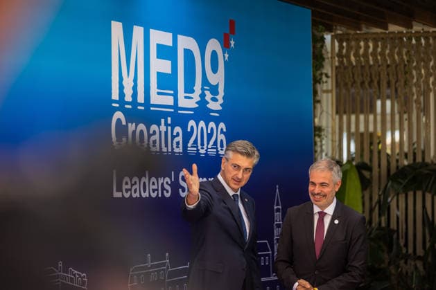 EU MED9 Prime Minister of Croatia Andrej Plenkovic welcomes Spanish Secretary of State for the European Union Fernando Sampedro for EU MED9 summit at Split, Croatia on October 7, 2026.  ZvonimirxBarisin PIXSELL