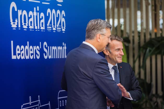 EU MED9 Prime Minister of Croatia Andrej Plenkovic welcomes President of France Emmanuel Macron for EU MED9 summit at Split, Croatia on October 7, 2026.  ZvonimirxBarisin PIXSELL