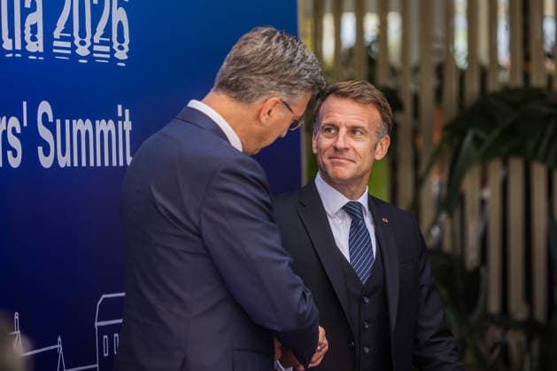EU MED9 Prime Minister of Croatia Andrej Plenkovic welcomes President of France Emmanuel Macron for EU MED9 summit at Split, Croatia on October 7, 2026.  ZvonimirxBarisin PIXSELL