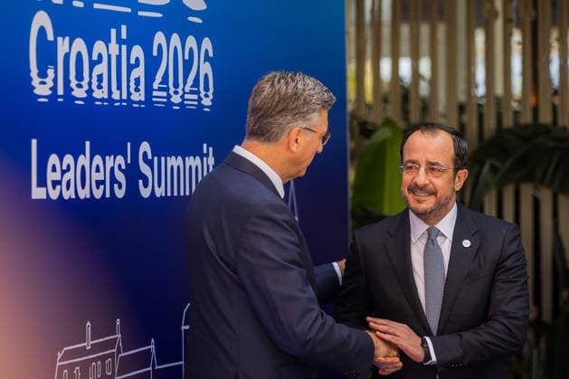 EU MED9 Prime Minister of Croatia Andrej Plenkovic welcomes President of Republic of Cyprus Nikos Christodoulides for EU MED9 summit at Split, Croatia on October 7, 2026.  ZvonimirxBarisin PIXSELL