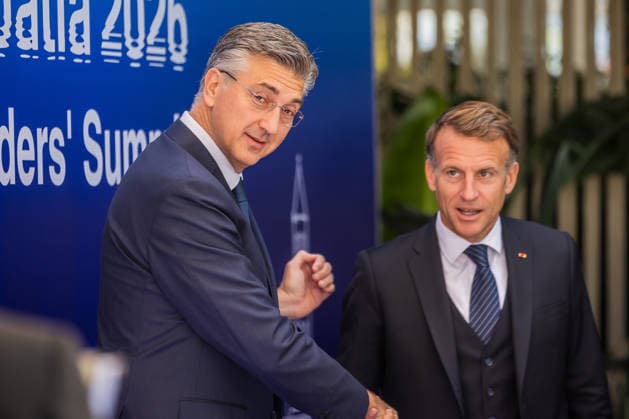 EU MED9 Prime Minister of Croatia Andrej Plenkovic welcomes President of France Emmanuel Macron for EU MED9 summit at Split, Croatia on October 7, 2026.  ZvonimirxBarisin PIXSELL