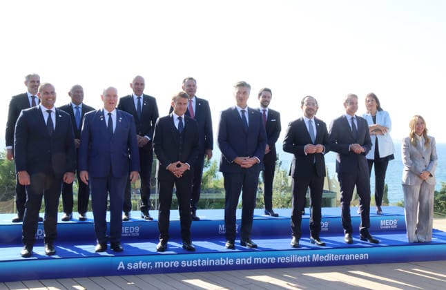 EU MED9 Prime Minister of Spain Fernando Sampedro Marcos, Prime Minister of Malta Robert Abela, President of the European Council Antonio Costa, Prince Albert II of Monaco, Prime Minister of Slovenia Janez Jansa, President of France Emmanuel Macron, Prime Minister of Portugal Luis Montenegro, Prime Minister of Croatia Andrej Plenkovic, Crown Prince of Jordan Al Hussein bin Abdullah II, President of Cyprus Nikos Christodoulides, President of the European Commission Ursula von der Leyen, Prime Minister of Greece Kyriakos Mitsotakis, European Commissioner for the Mediterranean Dubravka Suica and Prime Minister of Italy Giorgia Meloni pose for a family photo during EU MED9 Summit in Split Croatia on October 7, 2026.  IvoxCagalj PIXSELL