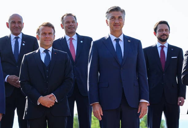 EU MED9 Prime Minister of Slovenia Janez Jansa, President of France Emmanuel Macron, Prime Minister of Portugal Luis Montenegro, Prime Minister of Croatia Andrej Plenkovic and Crown Prince of Jordan Al Hussein bin Abdullah II. pose for a family photo during EU MED9 Summit in Split Croatia on October 7, 2026.  IvanaxIvanovic PIXSELL