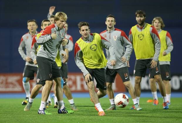 Croatian national football team training 14.11.2014., Zagreb, Croatia - Croatian national football team training at Maksimir stadium as part of the preparations for the qualifying match against Italy in Milan, for European Championship. Duje Cop, Ivan Rakitic, Marcelo Brozovic, Vedran Corluka. IgorxKralj PIXSELL