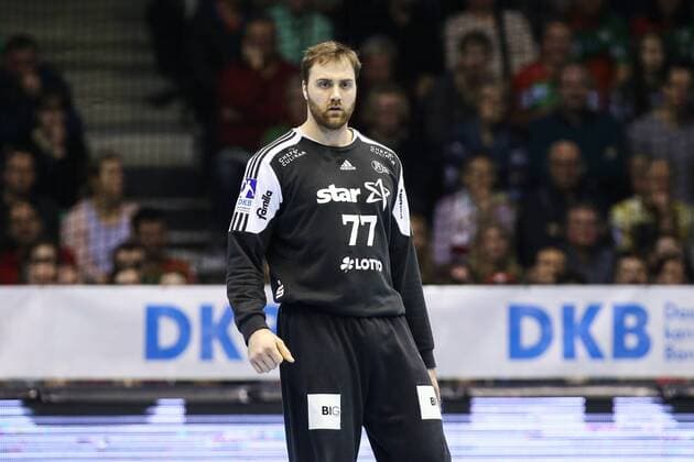 Goalkeeper Andreas Wolff THW Kiel Handball Bundesliga Season 2017 2018 Scoring game SC Magdeburg vs. THW Kiel in the GETEC Arena in Magdeburg Single shot Action Germany Handball Mann Maenner 11 03 2018