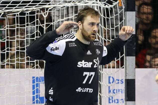 Goalkeeper Andreas Wolff THW Kiel Handball Bundesliga Season 2017 2018 Scoring game SC Magdeburg vs. THW Kiel in the GETEC Arena in Magdeburg Single shot Action Germany Handball Mann Maenner 11 03 2018