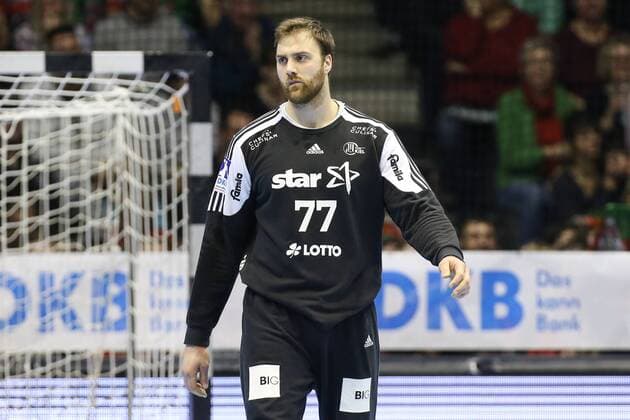 Goalkeeper Andreas Wolff THW Kiel Handball Bundesliga Season 2017 2018 Scoring game SC Magdeburg vs. THW Kiel in the GETEC Arena in Magdeburg Single shot Action Germany Handball Mann Maenner 11 03 2018