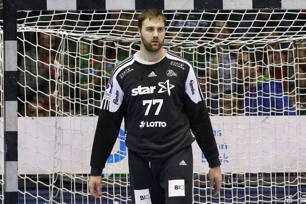 Goalkeeper Andreas Wolff THW Kiel Handball Bundesliga Season 2017 2018 Scoring game SC Magdeburg vs. THW Kiel in the GETEC Arena in Magdeburg Single shot Action Germany Handball Mann Maenner 11 03 2018