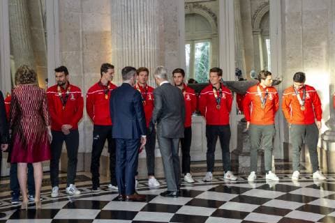 Queen Mathilde of Belgium and King Philippe - Filip of Belgium greet the Red Lions Belgian hockey players, during a reception to honour the new hockey world champions, the Belgian Red Lions team, in the Royal castle in Laken - Laeken, Tuesday 18 December 2018. Red Lions won 3-2 the final against The Netherlands in India last last Sunday. HATIMxKAGHAT x05493028x