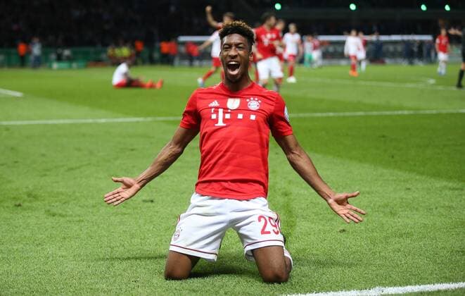 RB Leipzig Bayern Muenchen Football DFB Cup Final Berlin, 25 05 2019, Olympic Stadium, Football, DFB Cup, Final , RB Leipzig vs FC Bayern Munich , Goal for Bayern Im Bild Kingsley Coman 29,Bayern cheers his goal to 0 2 , DFB regulations prohibit any use of photographs as image sequences and or quasi video ,