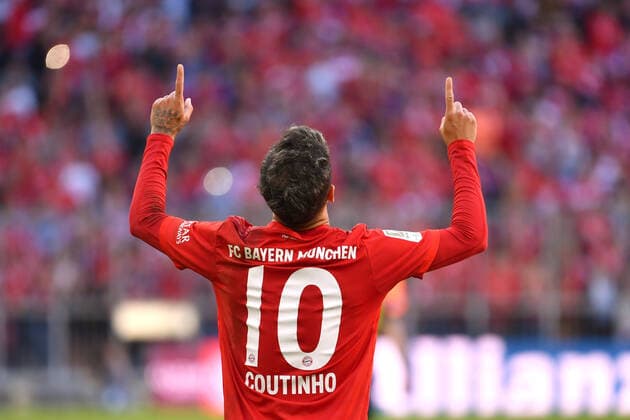 Goal celebration Philippe COUTINHO Bayern Muenchen after goal zjm 3 0, looks into the sky, celebration, joy, enthusiasm, action, single picture, cut single motif, half figure, half figure football 1 Bundesliga,5 Matchday,Matchday05, FC Bayern Muenchen M 1 FC Koeln K 4 0, on 21 09 2019 in Muenchen A L L I A N Z A R E N A, DFL REGULATIONS PROHIBIT ANY USE OF PHOTOGRAPHS AS IMAGE SEQUENCES AND OR QUASI VIDEO