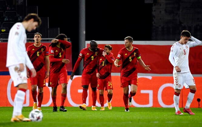 Belgium s Romelu Lukaku celebrates after scoring the 3 1 during a soccer game between the Belgian national team Red Devils and Denmark, Wednesday 18 November 2020 in Leuven, on the sixth and last day of the group stage group A2 of the Nations League BELGA PHOTO DIRK WAEM, LEUVEN Denmark Copyright: DIRKxWAEMx spdk20201118-231327-L