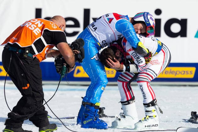 Bilder des Jahres 2021, Sport 02 Februar Sport Themen der Woche KW07 February 19, 2021, Cortina (BL, Italy: Cortina (BL), Italy, Labirinti, February 19, 2021, Luca De Aliprandini (ITA) and Mathieu Faivre (FRA) celebrate after the race during 2021 FIS Alpine World SKI Championships - Giant Slalom - Men - alpine ski race alpine ski race - 2021 FIS Alpine World SKI Championships - Giant Slalom - Men, cortina (bl), Italy - ZUMAl164 20210219_zsa_l164_187 Copyright: xFrancescoxScaccianocex