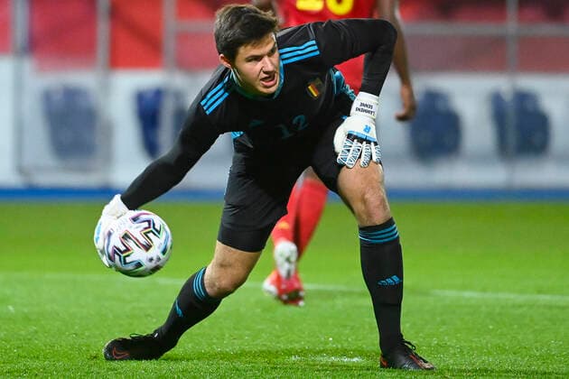 Belgium s goalkeeper Senne Lammens pictured in action during a soccer game between the U21, U 21 Red Devils and Kazakhstan, Friday 08 October 2021 in Leuven, the third qualification match (out of 8) in group 9 for the 2023 Under-21 European Championships. LAURIExDIEFFEMBACQ x3109934x