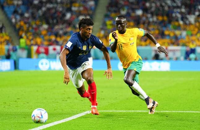 Mandatory Credit: Photo by Javier Garcia Shutterstock (13626445dj) Kingsley Coman of France and Awer Mabil of Australia France v Australia, FIFA World Cup, WM, Weltmeisterschaft, Fussball 2022, Group D, Football, Al Janoub Stadium, Al Wakrah, Qatar - 22 Nov 2022 Editorial Use Only France v Australia, FIFA World Cup 2022, Group D, Football, Al Janoub Stadium, Al Wakrah, Qatar - 22 Nov 2022 Editorial Use Only Copyright: xJavierxGarcia Shutterstockx 13626445dj