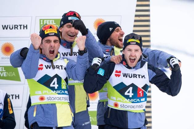 Janosch Brugger Germany , Friedrich Moch Germany , Jonas Dobler Germany , Albert Kuchler Germany cheer on the podium over 3rd place and bronze, SLO, FIS Nordic World Ski Championships Planica 2023, World Cup Cross Country 4x 10 km Relay Men, 03 03 2023, Season 2022 2023 SLO, FIS Nordic World Ski Championships Planica 2023, 03 03 2023, Season 2022 2023 Planica Copyright: xEibner Memmlerx EP_MMR