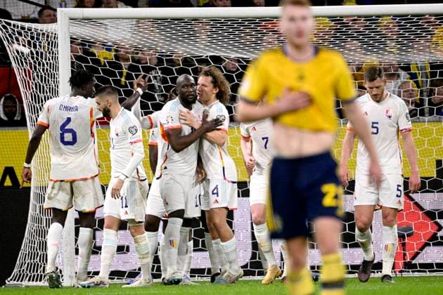 Belgium s Romelu Lukako 10 celebrates after scoring 0 3, his thrid goal during the match, hattrick, with team mate Wout Faes during the UEFA Euro 2024 group F qualifier football match between Sweden and Belgium at Friends Arena, Stockholm, Sweden 24 March 2024 STOCKHOLM SWEDEN x10040x, Copyright: xAndersxWiklund TTx UEFA QUALIFIER SWEDEN - BELGIUM