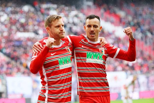 RB Leipzig Augsburg Bundesliga Leipzig,Ê15 04 2023, Red Bull Arena, Football, Bundesliga, Matchday 28 , ÊRB Leipzig vs FC AUGSBURG , Goal for Augsburg to 0 1 In the picture scorer Arne Maier 10, Augsburg and Amaral Borduchi Iago 22, Augsburg , goal celebration , Photos PICTURE POINT Roger Petzsche ,Ê Only for journalistic use Only for editorial use DFL regulations prohibit any use of photographs as image sequences and or quasi video ,Ê Publication is subject to a fee, plus VAT , Picture Point