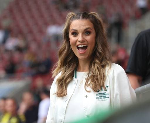 Augsburg, Germany 21 May 2023 football, men, season 2022 2023, FC Augsburg Borussia Dortmund, Bundesliga, WWK Arena Laura Wontorra, astonished, mouth open, facial expression, amazement DFB regulations prohibit any use of photographs as image sequences and or quasi video