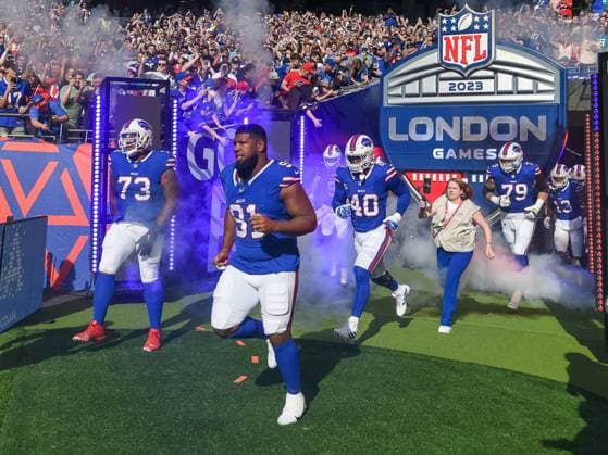 Dion Dawkins Buffalo Bills 73 , Ed Oliver Buffalo Bills 91 , Von Miller Buffalo Bills 40 , Spencer Brown Buffalo Bills 79 , Buffalo Bills vs Jacksonville Jaguars, American football, National Football League, Week 5, 2023 season, 08 10 2023, Buffalo Bills vs Jacksonville Jaguars, American football, National Football League, Week 5, 2023 season, 08 10 2023 London Copyright: xEibner-Pressefoto FlorianxSchustx EP_FSU