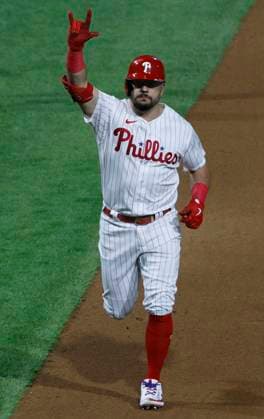 Philadelphia Phillies designated hitter Kyle Schwarber runs the bases after hitting a solo home run in the first inning against the the Arizona Diamondbacks in game one of the NLCS at Citizens Bank Park in Philadelphia, on Monday, October 16, 2023. PHI20231016607 LAURENCExKESTERSON