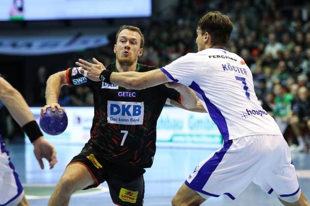 Felix Claar SC Magdeburg,7 vs Julian Köster VfL Gummersbach,7 Handball Bundesliga Season 2023 2024 SC Magdeburg vs VfL Gummersbach at the GETEC Arena in Magdeburg Action,Handball,Germany,03 12 2023