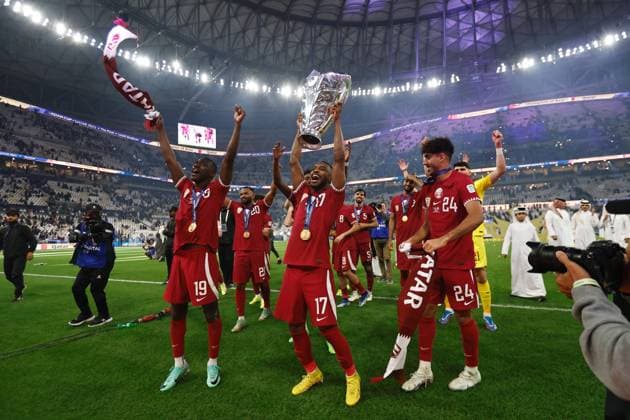 Qatar team group, Mannschaftsbild, Totale (QAT), FEBRUARY 10, 2024 - Football Soccer : Qatar team group celebrate after winning AFC Asian Cup Qatar 2023 final match between Jordan 1-3 Qatar at the Lusail Stadium in Doha, Qatar. Noxthirdxpartyxsales (243541099)