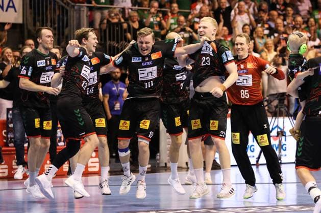 from l Felix Claar SC Magdeburg,7 , Janus Smarason SC Magdeburg,13 , Gisli Kristjansson SC Magdeburg,10 , Magnus Saugstrup SC Magdeburg,23 , Goalkeeper Mikael Aggefors SC Magdeburg,85 Handball Bundesliga Season 2023 2024 SC Magdeburg vs SC DHFK Leipzig at the GETEC Arena in Magdeburg Action,Handball,Germany,26 05 2024