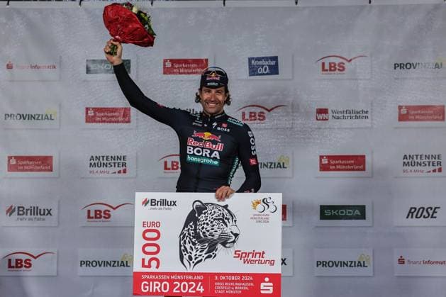 Cycling UCI ProSeries Men Elite 18 Sparkassen Münsterland Giro on 03 10 2024 in Münster Marco Haller Redbull Bora Hansgrohe wins the sprint classification Award ceremony xJRx